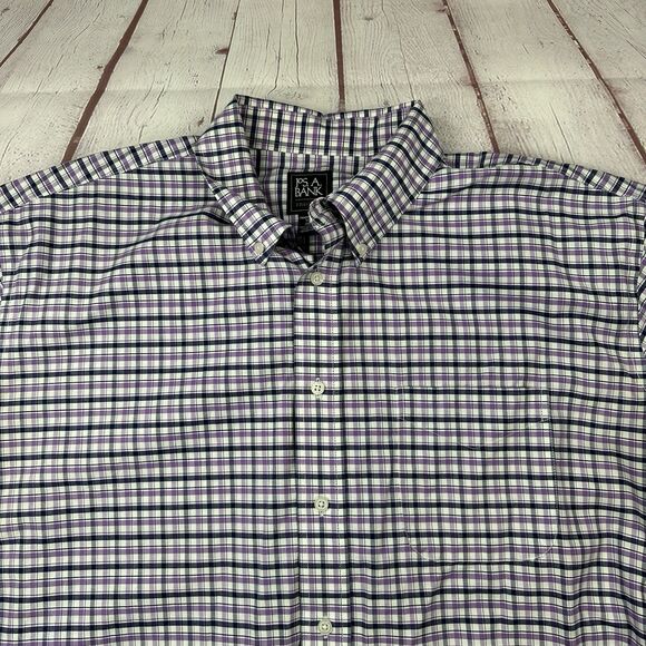 Jos A Bank Travelers Men's XXL Button Down Shirt Short Sleeve Purple White Check - Picture 3 of 9
